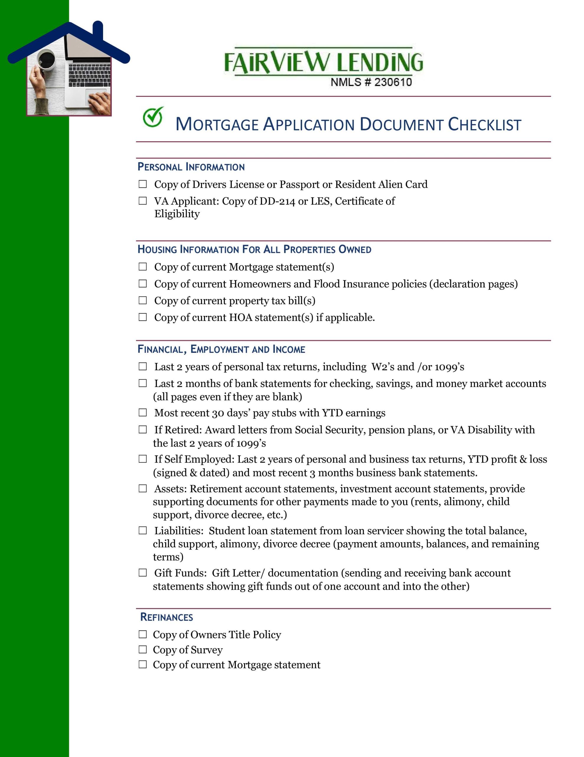 Fairview Lending mortgage document checklist (PDF) — first page preview